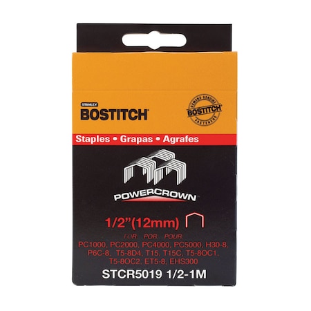 Bostitch Staples, 18 ga, Wide Crown, 1/2 in Leg L, 1000 PK STCR50191/2-1M